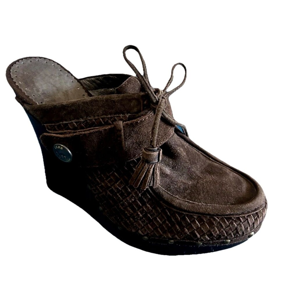L.A.M.B.  Brown Suede Woven High 5" Wedge Heels Mule Tassell  Shoes Womens 6.5?